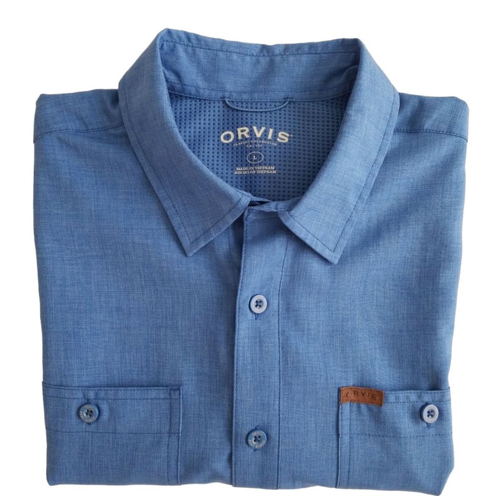 Orvis Shirt Mens Large Blue Casual Outdoors Fishing Camping Hiking Eyewear Wipe